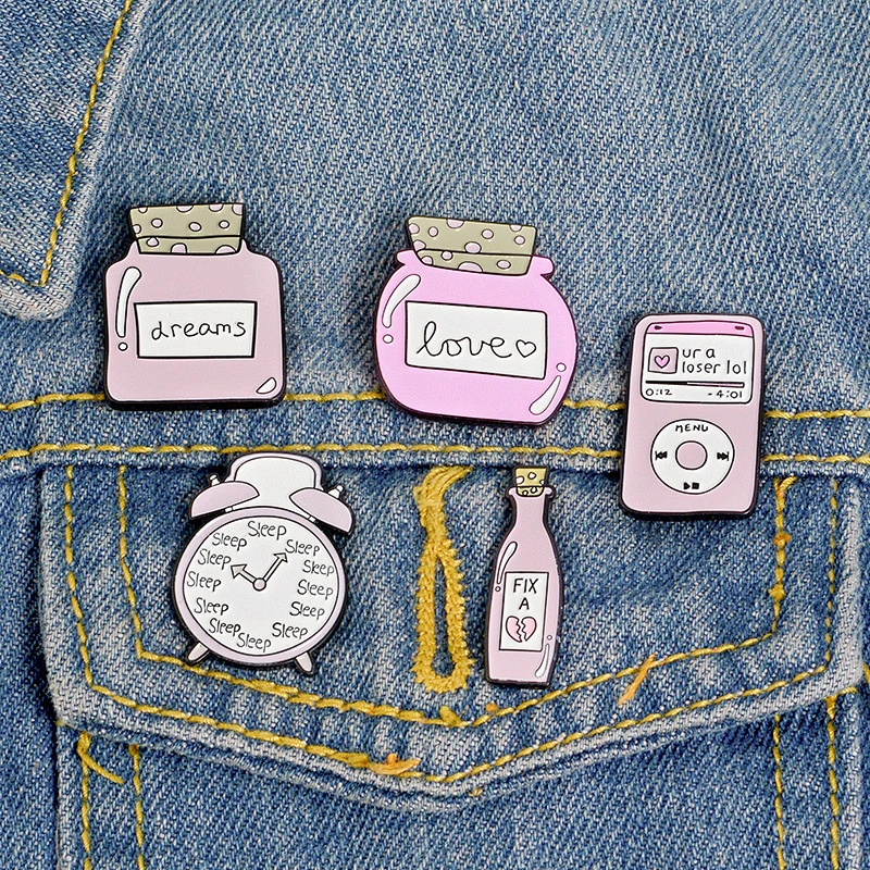 Different Styles Pink Cute Jar Alarm Clock with Funny Words Enamel Pin