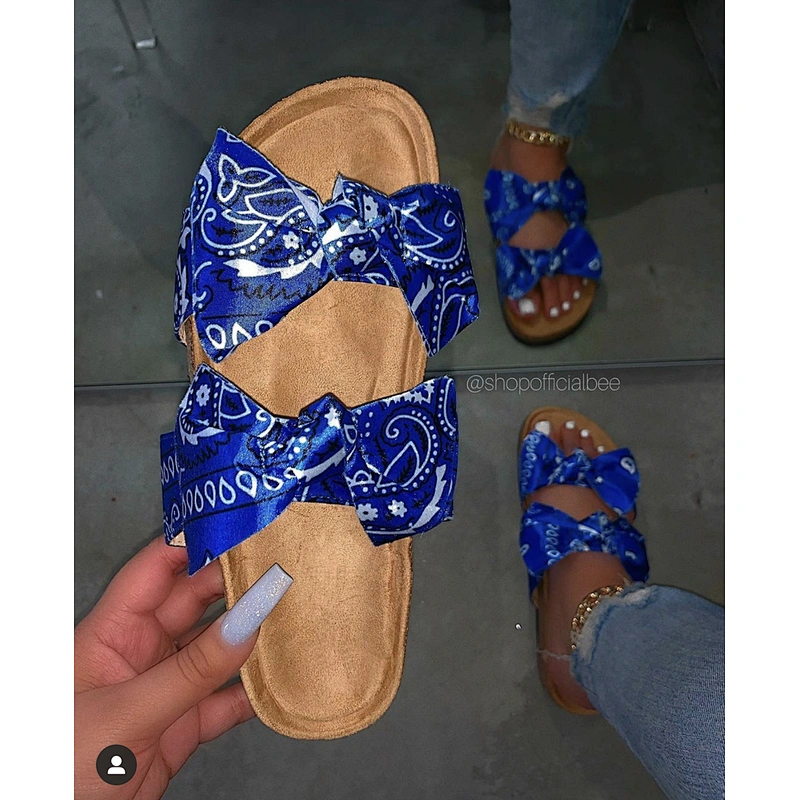 Wholesale In Stock Fashion Summer Slides Slippers Black Silk Cloth Bowknot Bandana Sandals Women