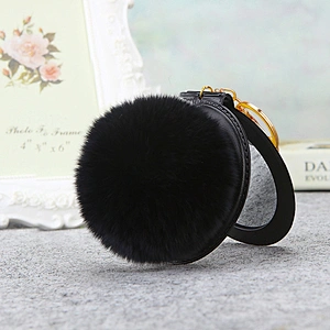 Wholesale Gifts Compact PU Leather with Fur Ball Mirror Keychain