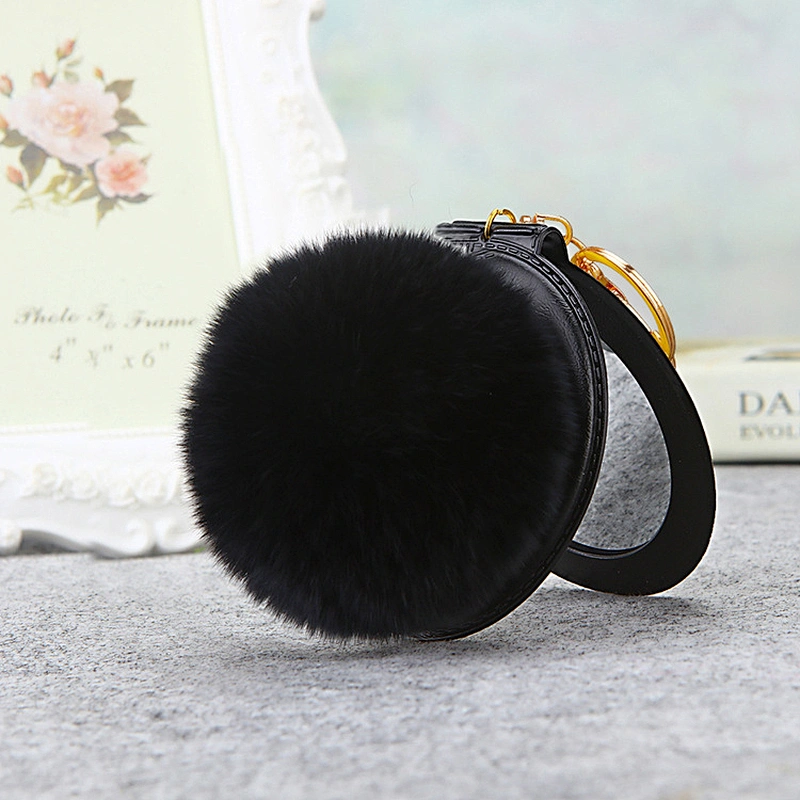 Wholesale Gifts Compact PU Leather with Fur Ball Mirror Keychain