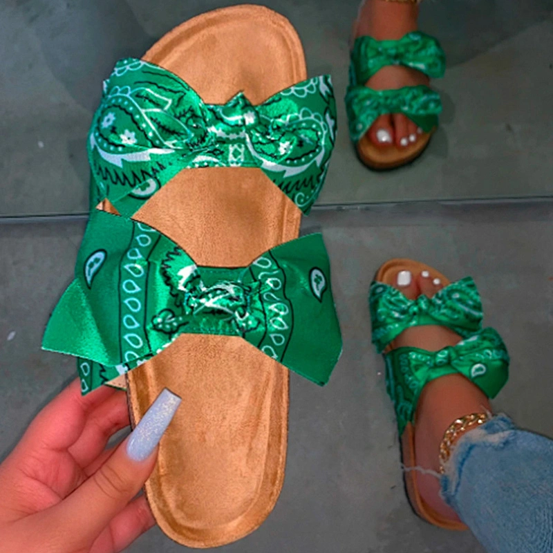 2020 Hot Sale Blue Colour Bowknot Slides Slippers Silk Bandana Wrapped Sandals Women