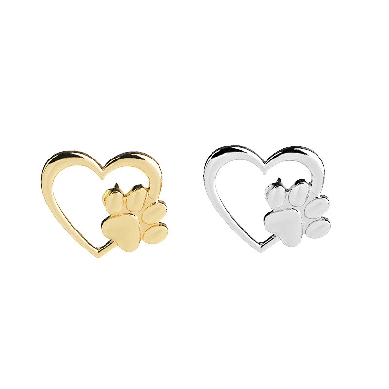 Gold and Silver Hollow Love Heart Brooch Pin with Paw