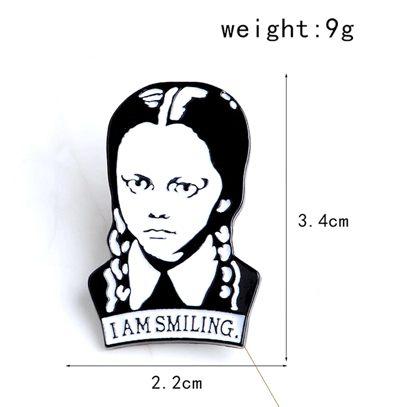 Wholesale Gothic Wednesday Addams I AM SMILING Brooch Badge Custom Black White Girl Soft Enamel Pin