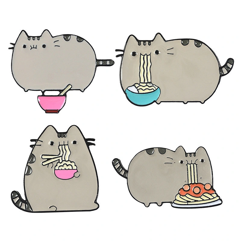 Cute Design Cat Eating Noodles Enamel Lapel Pin
