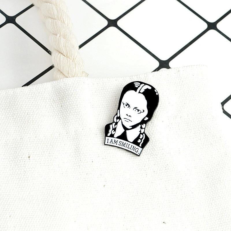 Wholesale Gothic Wednesday Addams I AM SMILING Brooch Badge Custom Black White Girl Soft Enamel Pin