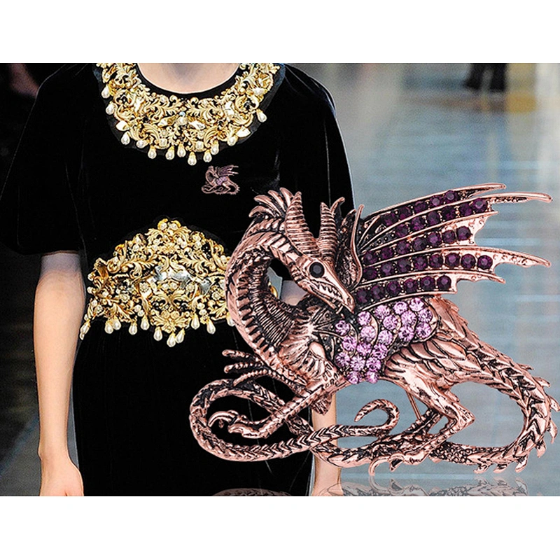 Wholesale In Stock Vintage Fashion Antique Copper Dragon Metal Pin Brooch with Crystal