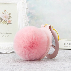 Wholesale Gifts Compact PU Leather with Fur Ball Mirror Keychain