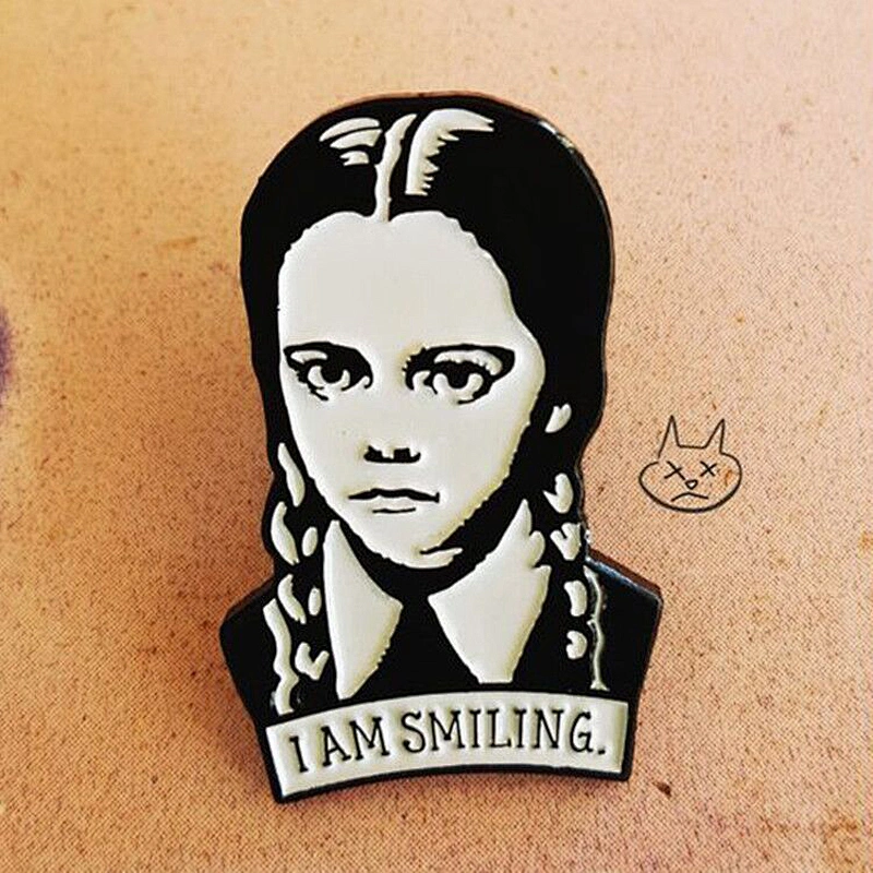 Wholesale Gothic Wednesday Addams I AM SMILING Brooch Badge Custom Black White Girl Soft Enamel Pin