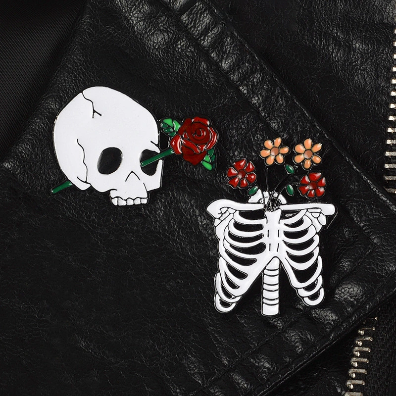 Wholesale In Stock Custom Horror Character Human Skeleton Flower Soft Enamel Hat Lapel Pin