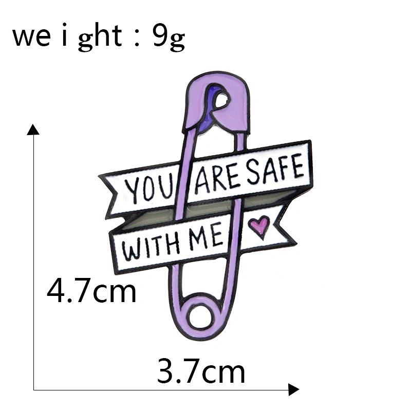Wholesale In Stock YOU ARE SAFE WITH ME Purple Safety Pin Design Enamel Brooch Lapel Pin