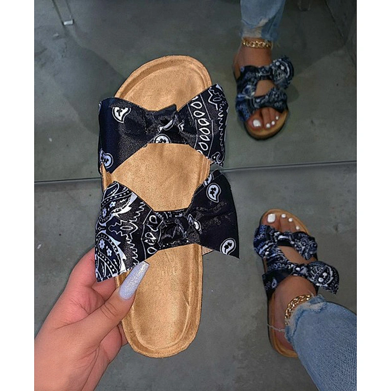 Hot Sale Silk Cloth Bowknot Sandals Slippers Green Colour Bandana Slides Women