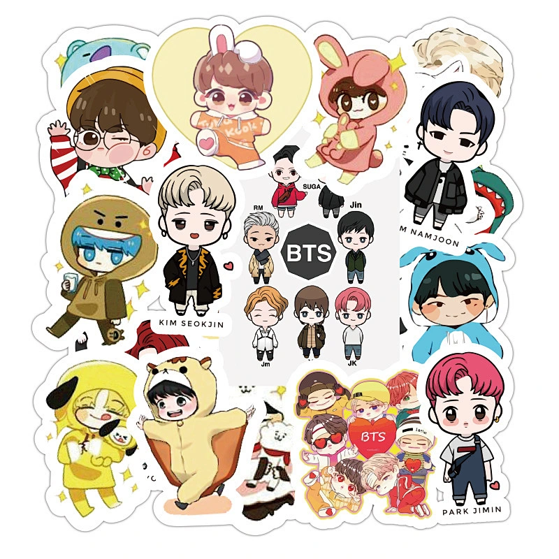 Factory Wholesale In Stock Waterproof PVC Sticker Cute Cartoon BTS Reusable Stickers Kpop