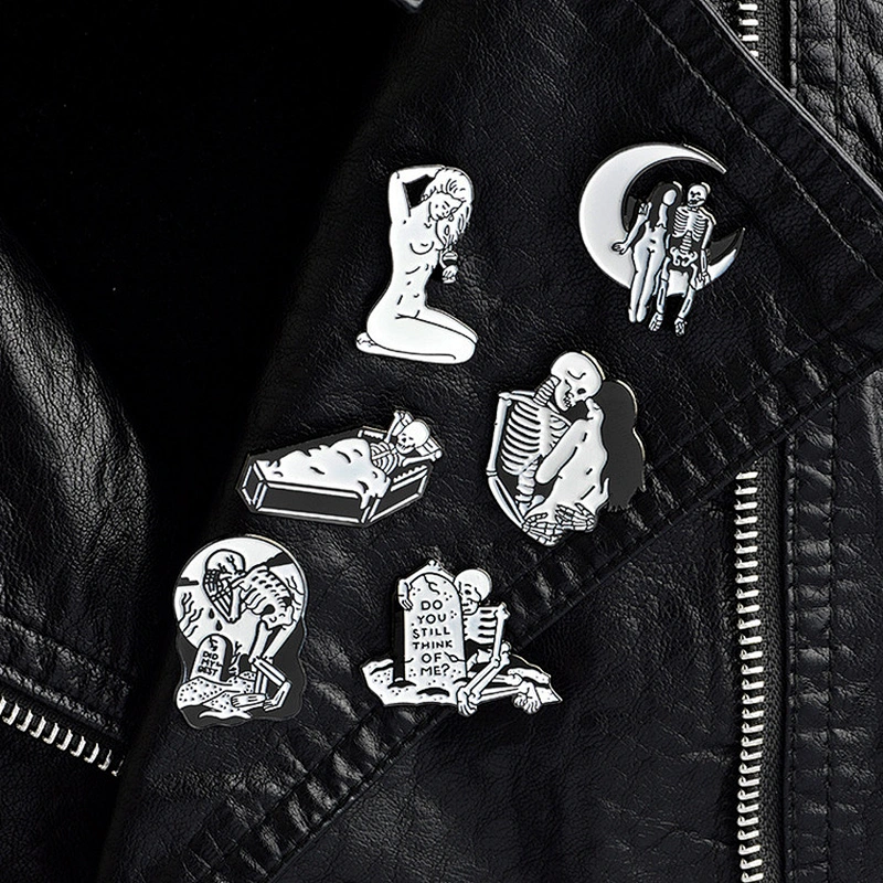 Hot Sale In Stock Unique Woman Girl Skull Black White Soft Enamel Lapel Pin