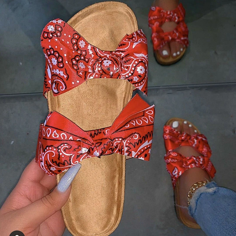 Hot Sale Silk Cloth Bowknot Sandals Slippers Green Colour Bandana Slides Women