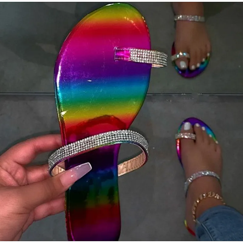 women rainbow rhinestone slippers slides tie dye ladies diamond sandals women colorful slippers rainbow slides