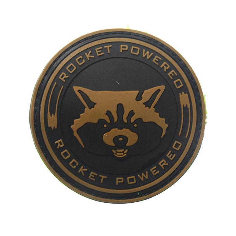 Factory custom 3d pvc raccoon rocket rubber patch with hook and loop