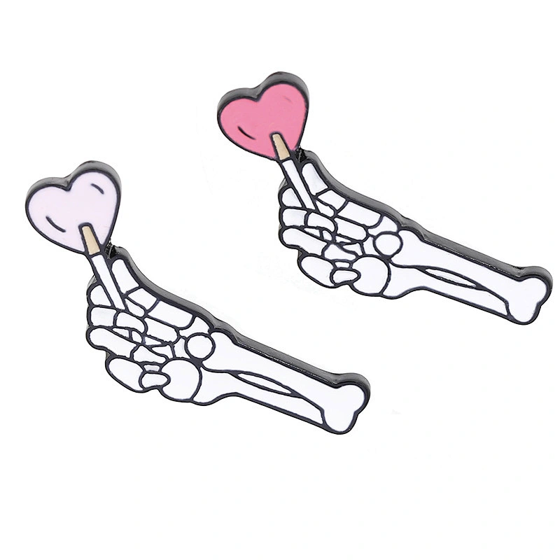 White Skeletal Hand Pin with Pink Heart Lapel Pin Badges