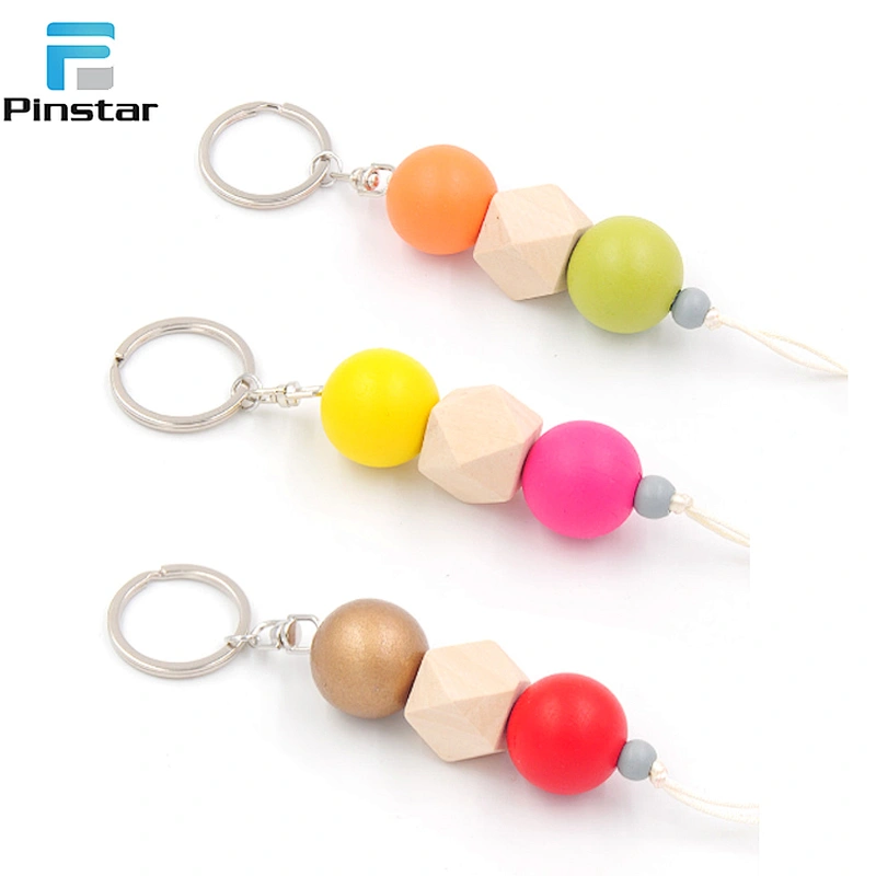 Fashion colorful round and eight angles shaped wooden bead cute key chain