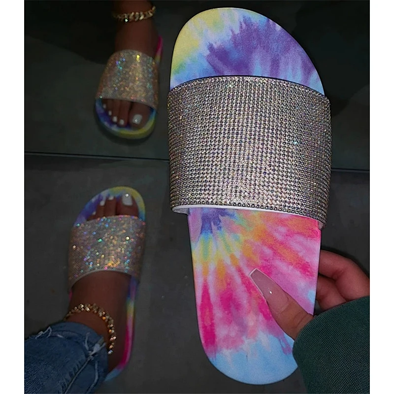 women rainbow rhinestone slippers slides tie dye ladies diamond sandals women colorful slippers rainbow slides