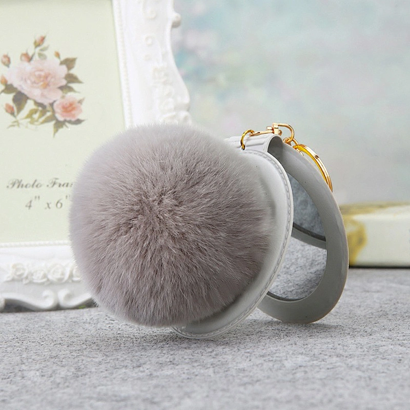 Wholesale Gifts Compact PU Leather with Fur Ball Mirror Keychain