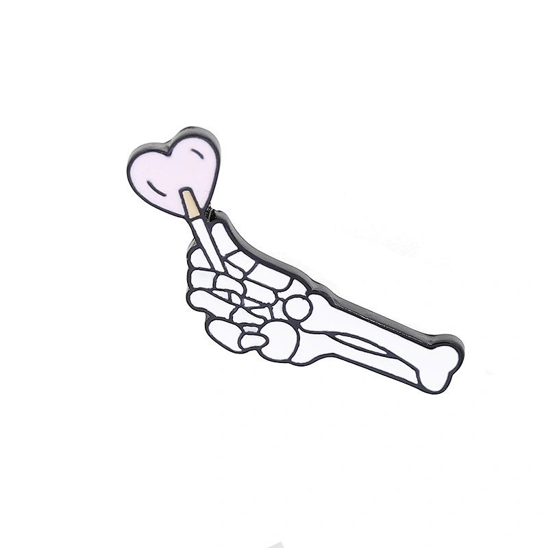 White Skeletal Hand Pin with Pink Heart Lapel Pin Badges