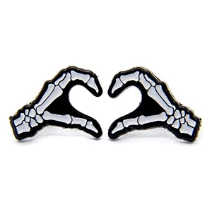 Goth Skeleton Heart Hands Enamel Pin in Black