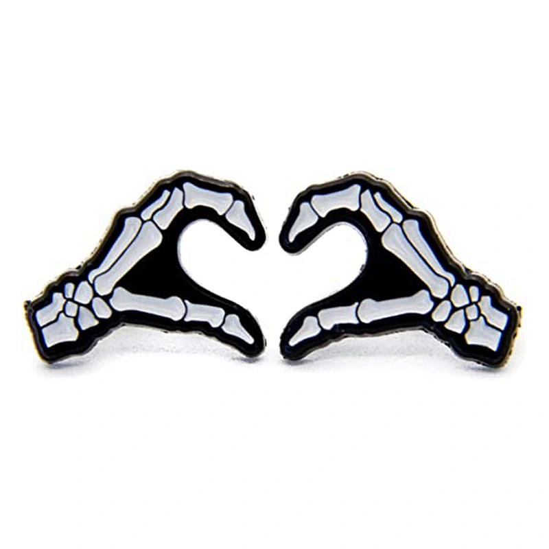 Goth Skeleton Heart Hands Enamel Pin in Black