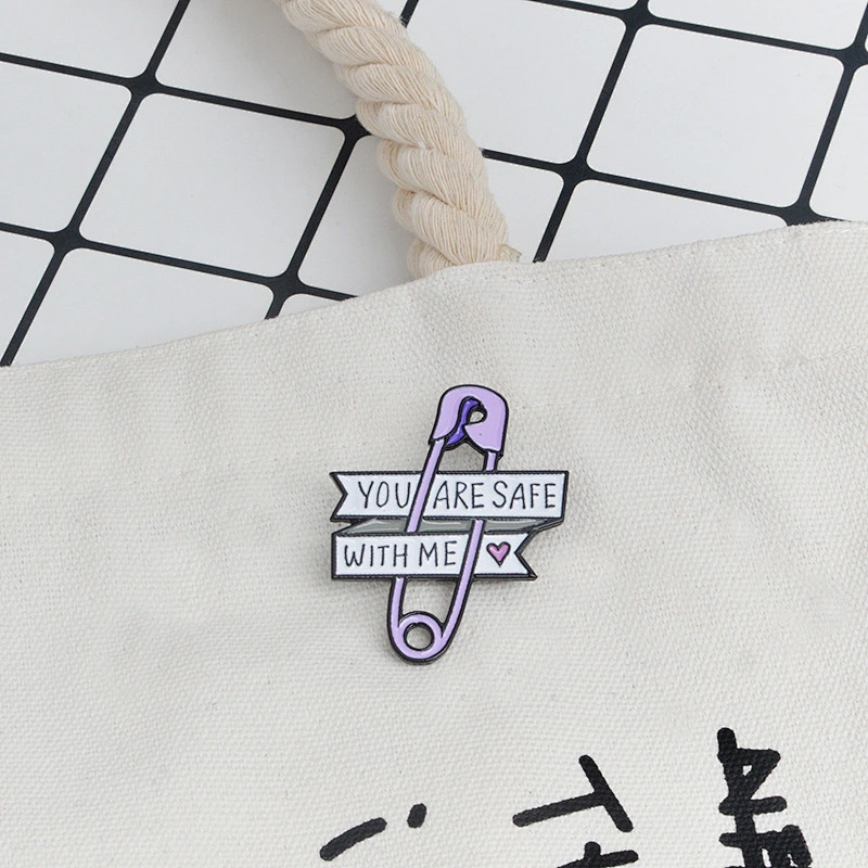 Wholesale In Stock YOU ARE SAFE WITH ME Purple Safety Pin Design Enamel Brooch Lapel Pin