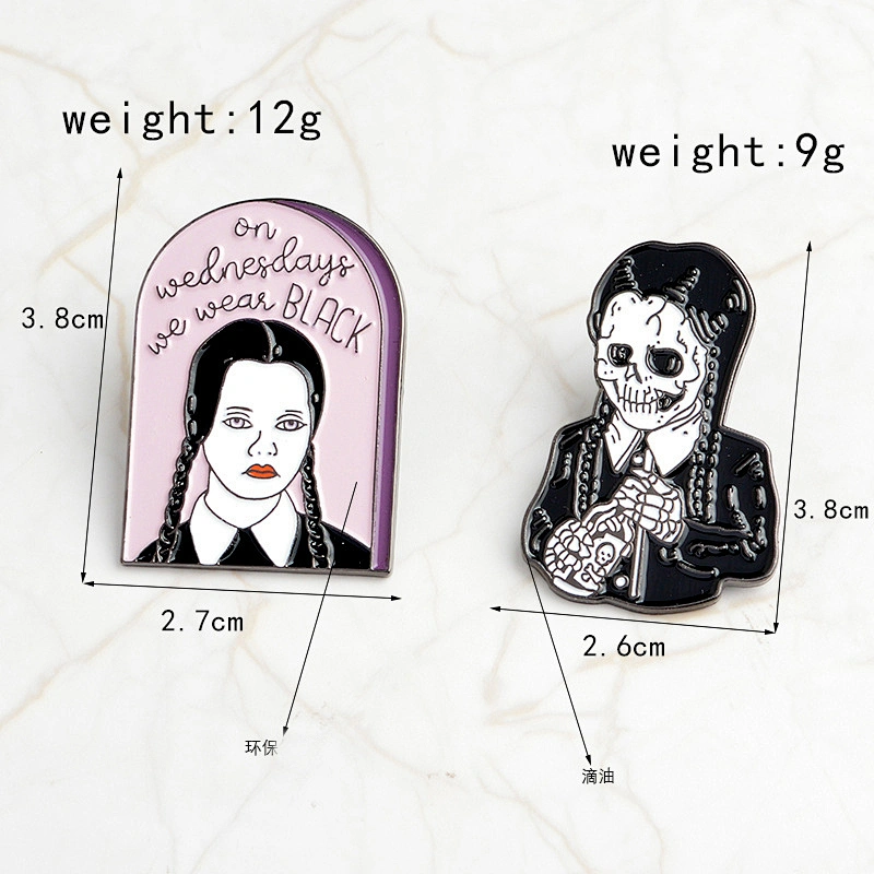 Wholesale Gothic Wednesday Addams Family Campy Skull Enamel Brooch Pin Badge