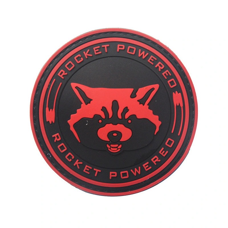 Factory custom 3d pvc raccoon rocket rubber patch with hook and loop