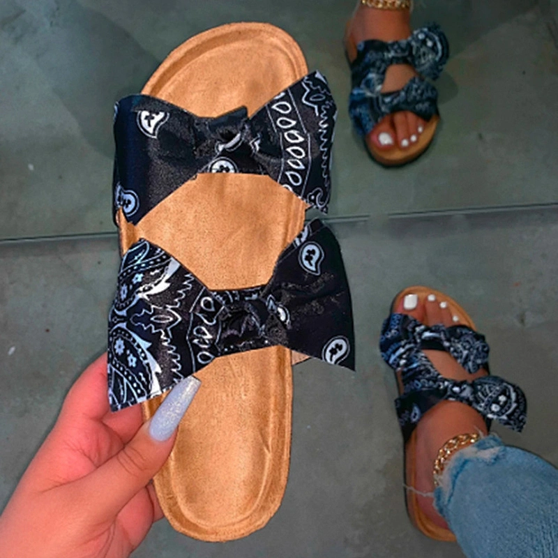 Hot Sale Fashion Silk Cloth Sandals White Colour Bowknot Bandana Slides for Women Lady Girl
