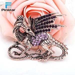 Wholesale In Stock Vintage Fashion Antique Copper Dragon Metal Pin Brooch with Crystal
