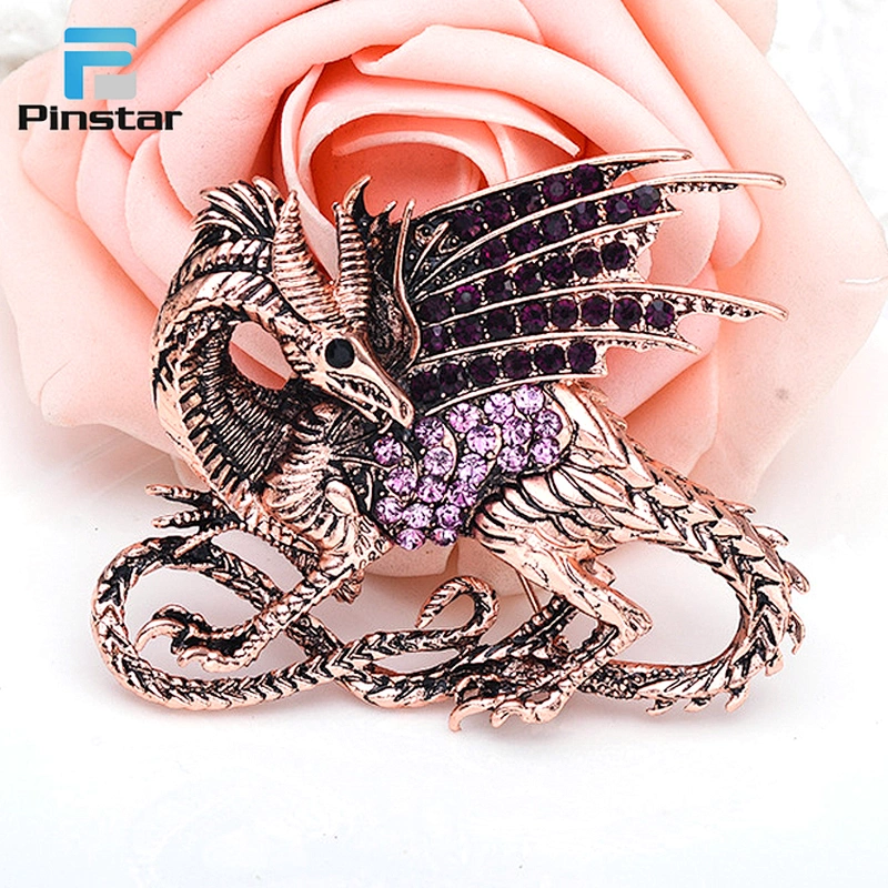 Wholesale In Stock Vintage Fashion Antique Copper Dragon Metal Pin Brooch with Crystal