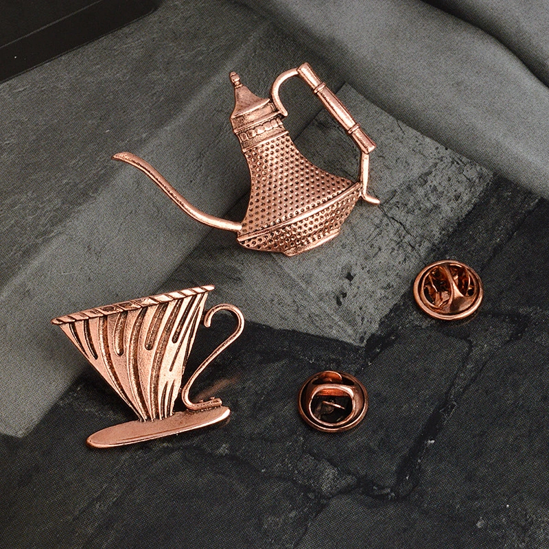 Wholesale In Stock Vintage Coffeepot Bade Antique Copper Metal Coffee Pot Lapel Pin