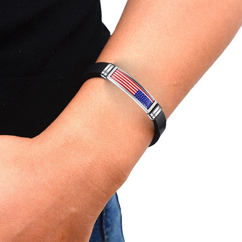 Custom Event Commemorative Natioal Flag Adjustment Stainless Steel Silicone Bracelet