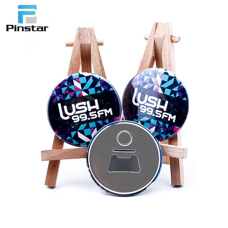 Custom colorful wall mounted button badge shaped magnetic bottle opener