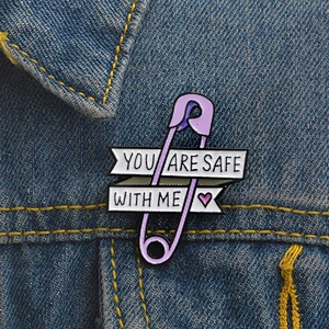 Wholesale In Stock YOU ARE SAFE WITH ME Purple Safety Pin Design Enamel Brooch Lapel Pin