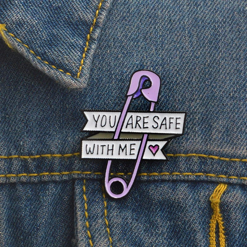 Wholesale In Stock YOU ARE SAFE WITH ME Purple Safety Pin Design Enamel Brooch Lapel Pin