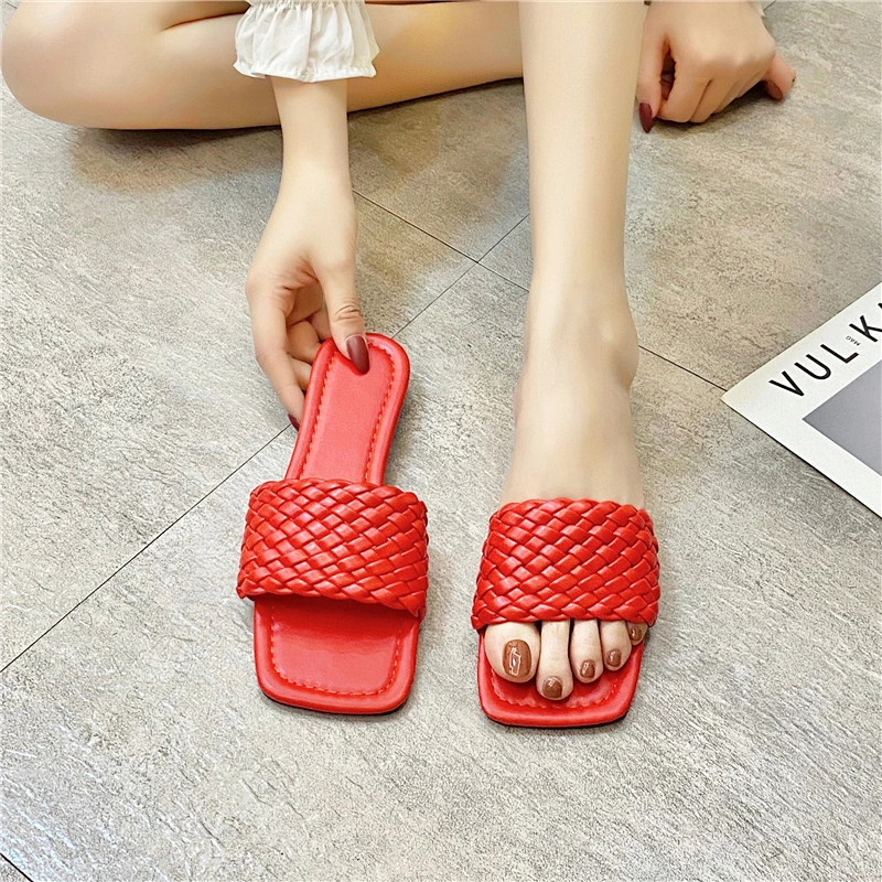 Flat bottom slippers women's knitting summer new fashion square head floor stand wear a word of cool drag and match with Korean