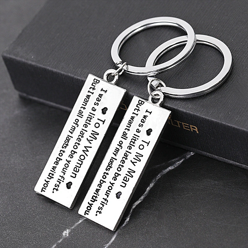 Custom Personalized Gift To My Woman Man Rectangle Couple Metal Keychain with Letter Engraved
