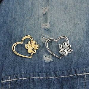 Gold and Silver Hollow Love Heart Brooch Pin with Paw