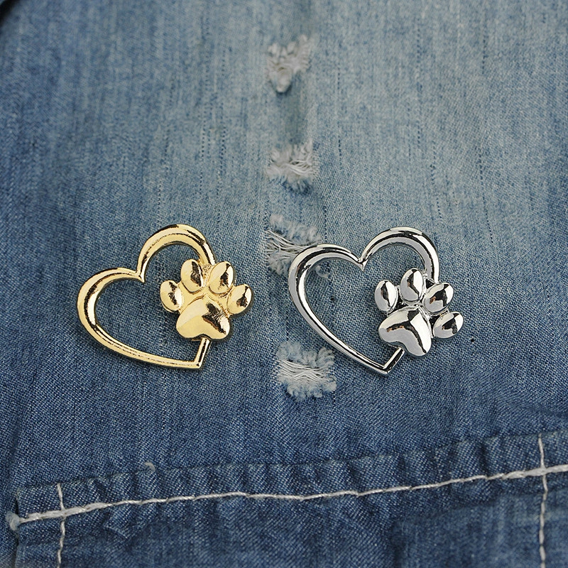 Gold and Silver Hollow Love Heart Brooch Pin with Paw