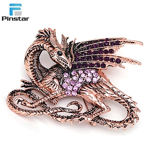 Wholesale In Stock Vintage Fashion Antique Copper Dragon Metal Pin Brooch with Crystal