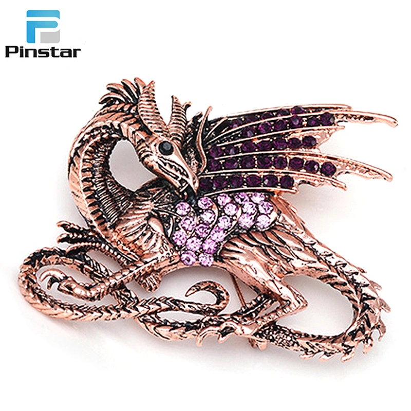 Wholesale In Stock Vintage Fashion Antique Copper Dragon Metal Pin Brooch with Crystal