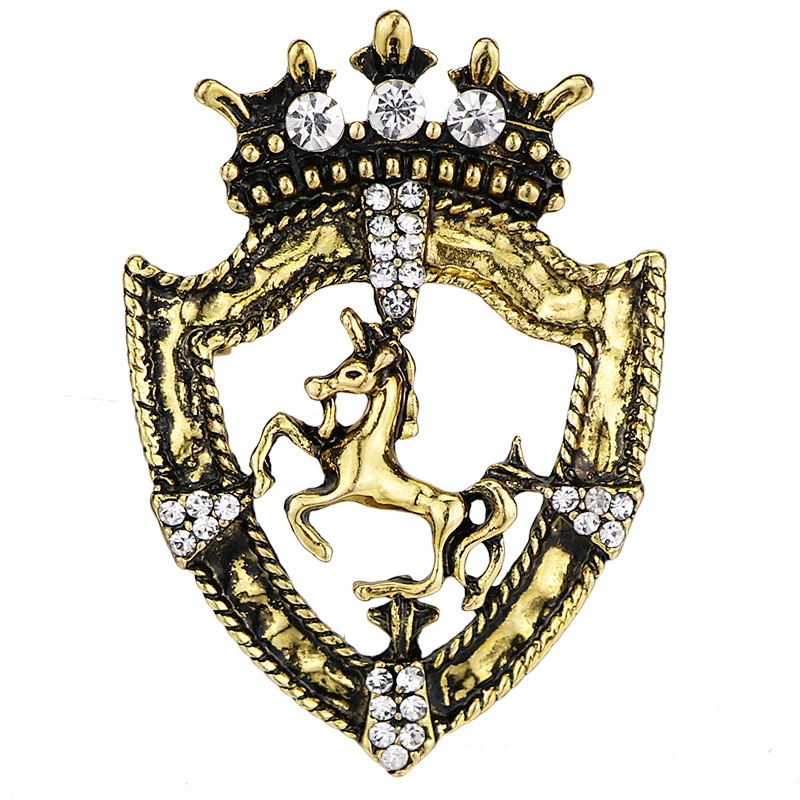 Retro Shield Shape Horse Lapel Pin with Rhinestone
