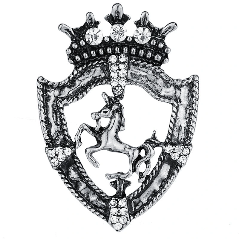 Retro Shield Shape Horse Lapel Pin with Rhinestone