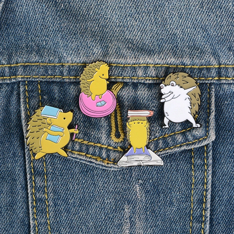 hedgehog reading book ready to ship soft enamel lapel pin