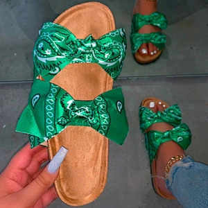 Hot Sale Silk Cloth Bowknot Sandals Slippers Green Colour Bandana Slides Women