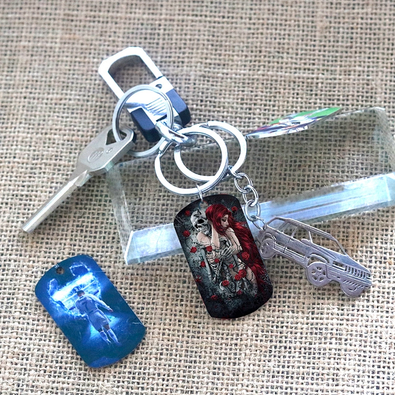 Stainless Steel Keychain Charms with Color Printed Halloween Pattern
