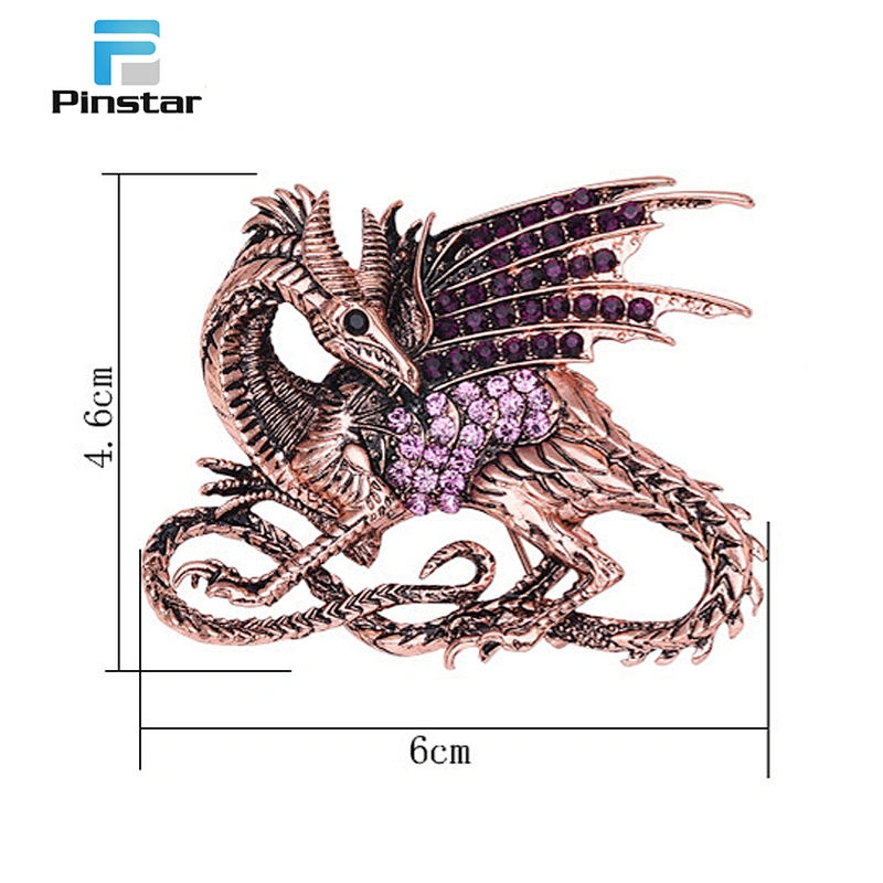 Wholesale In Stock Vintage Fashion Antique Copper Dragon Metal Pin Brooch with Crystal